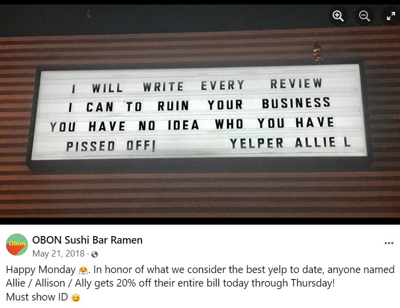 Funny social media post from OBON Sushi Bar Ramen posting a comment a customer left on Yelp